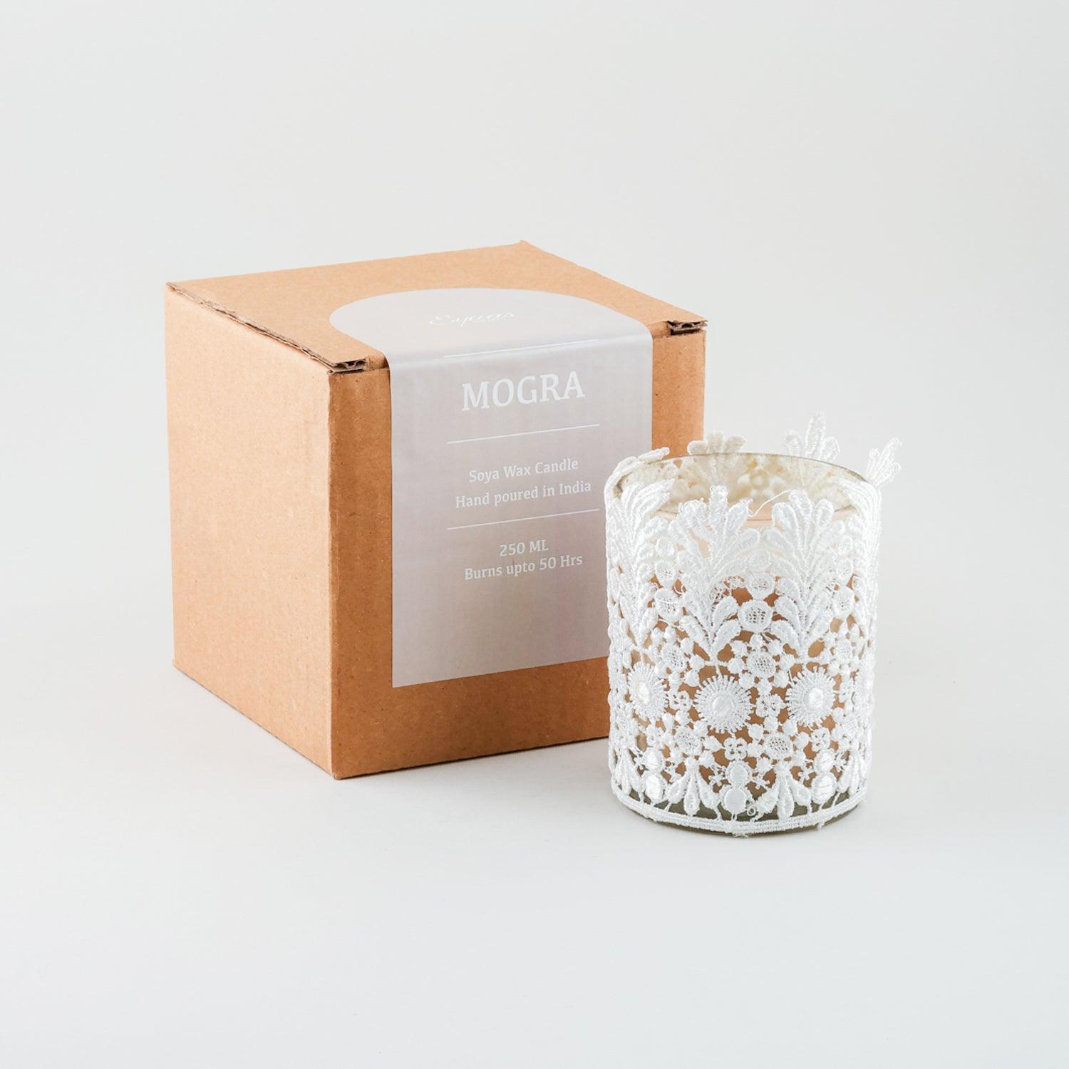 Handmade Mogra scented glass candle and  it's gift box for festive and special occasion gifting