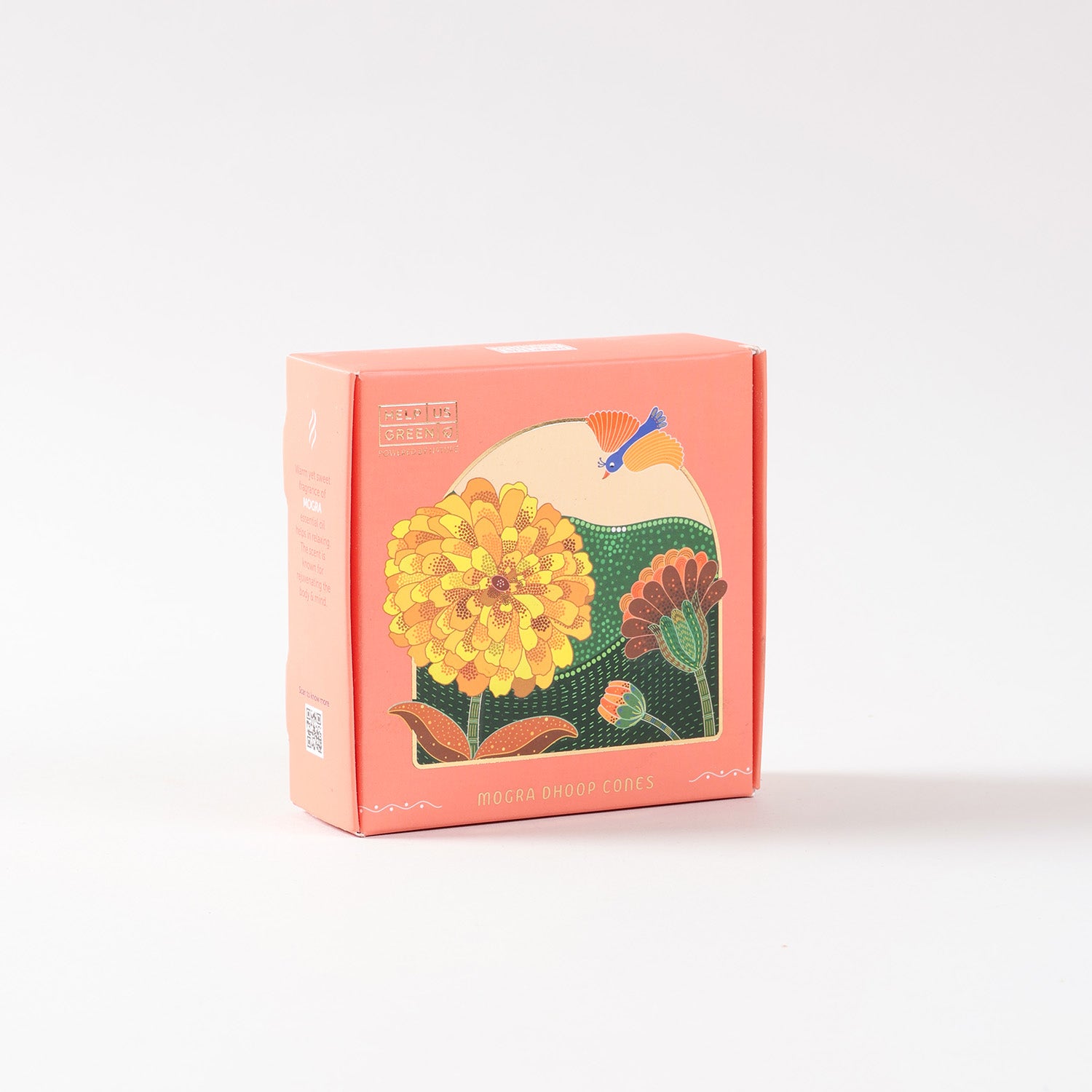 Retail packaging of natural Mogra incense cones made from recycled temple flowers for eco-friendly home fragrance
