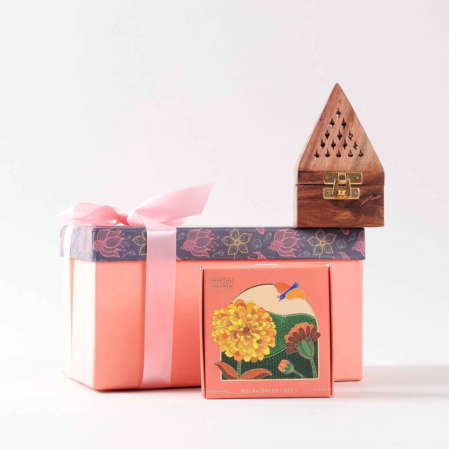 Premium fragrance gift hamper with Mogra incense cones, carved wooden incense burner, and decorative gift box
