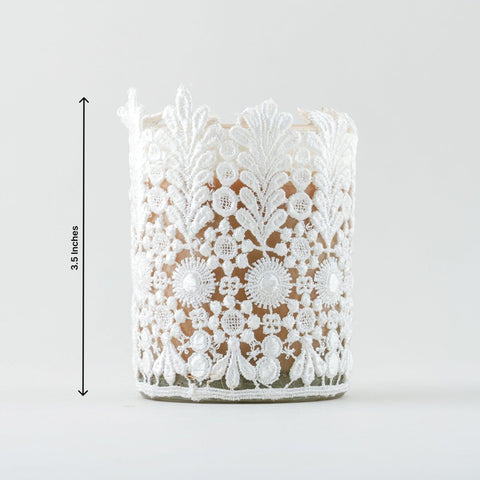 Dimensions of the handmade Mogra soy wax scented candle in a decorative lace glass votive.