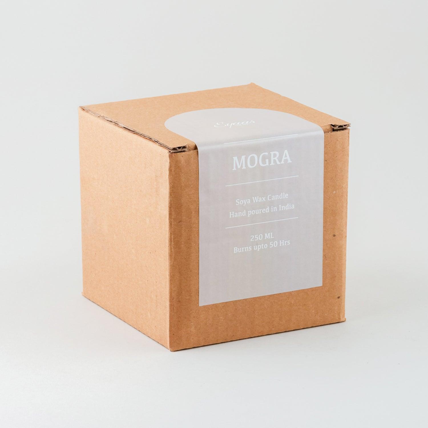 Elegant gift box for the handmade Mogra soy wax scented candle, ideal for festive and special occasion gifting.