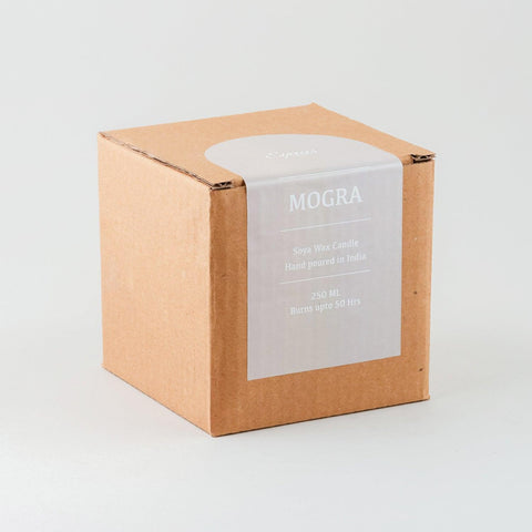 Elegant gift box for the handmade Mogra soy wax scented candle, ideal for festive and special occasion gifting.