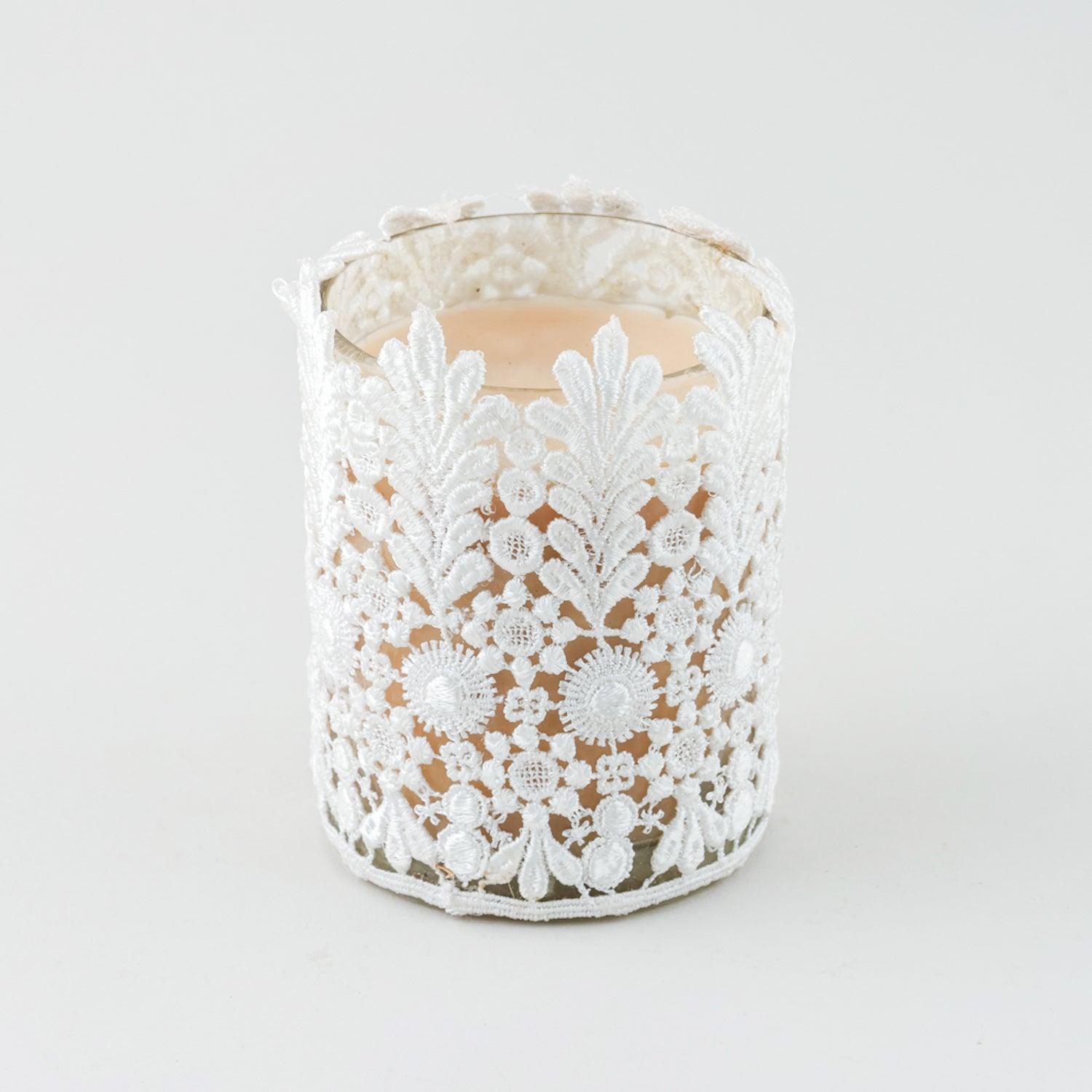 Handmade Mogra soy wax scented candle in a decorative lace glass votive for home fragrance and table décor.
