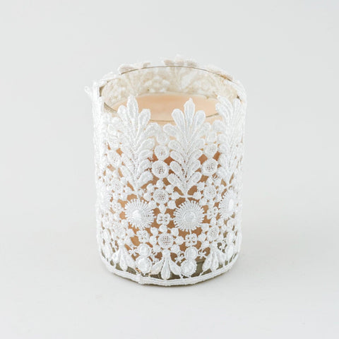 Handmade Mogra soy wax scented candle in a decorative lace glass votive for home fragrance and table décor.