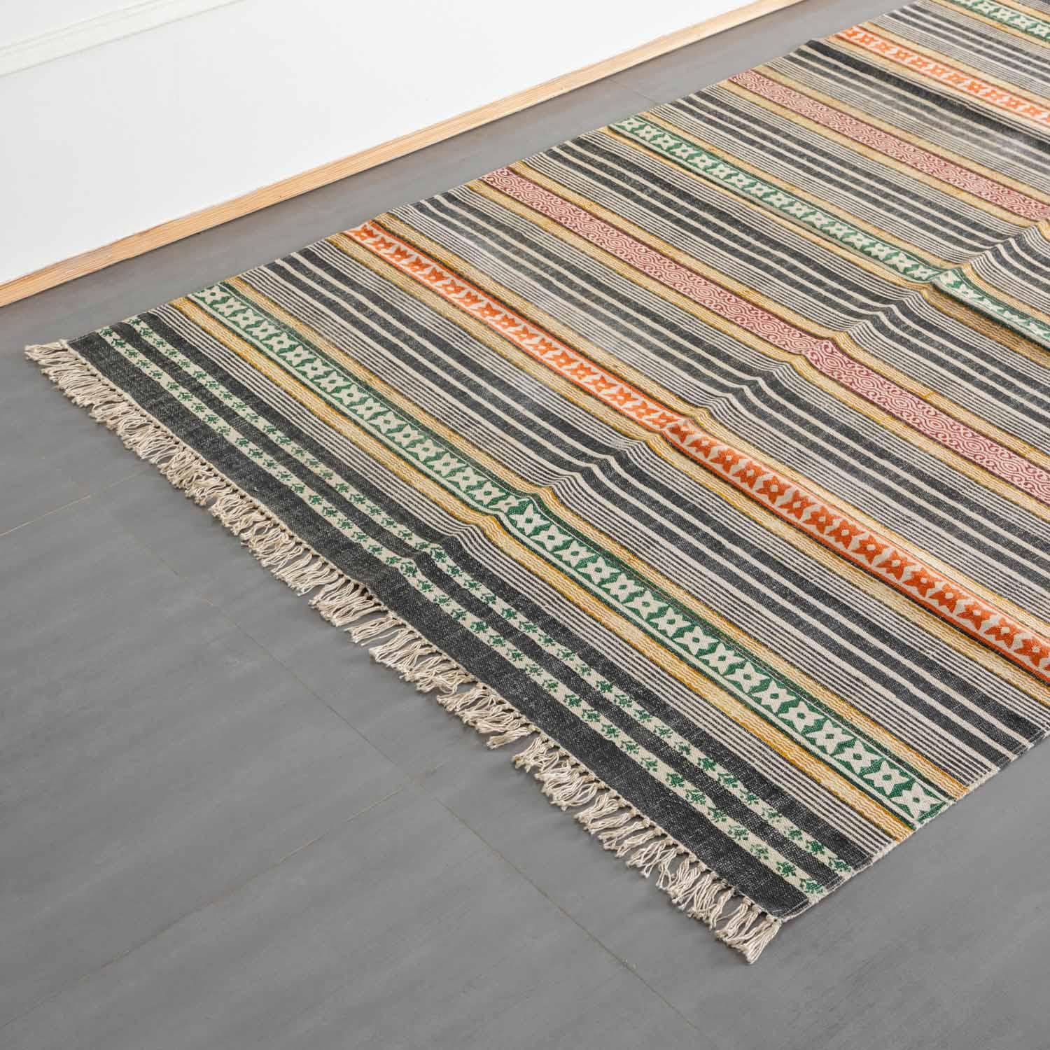 An oblique, high-angle view of a long, woven runner rug featuring multi-colored geometric stripes and cream fringe accents on a dark gray floor.