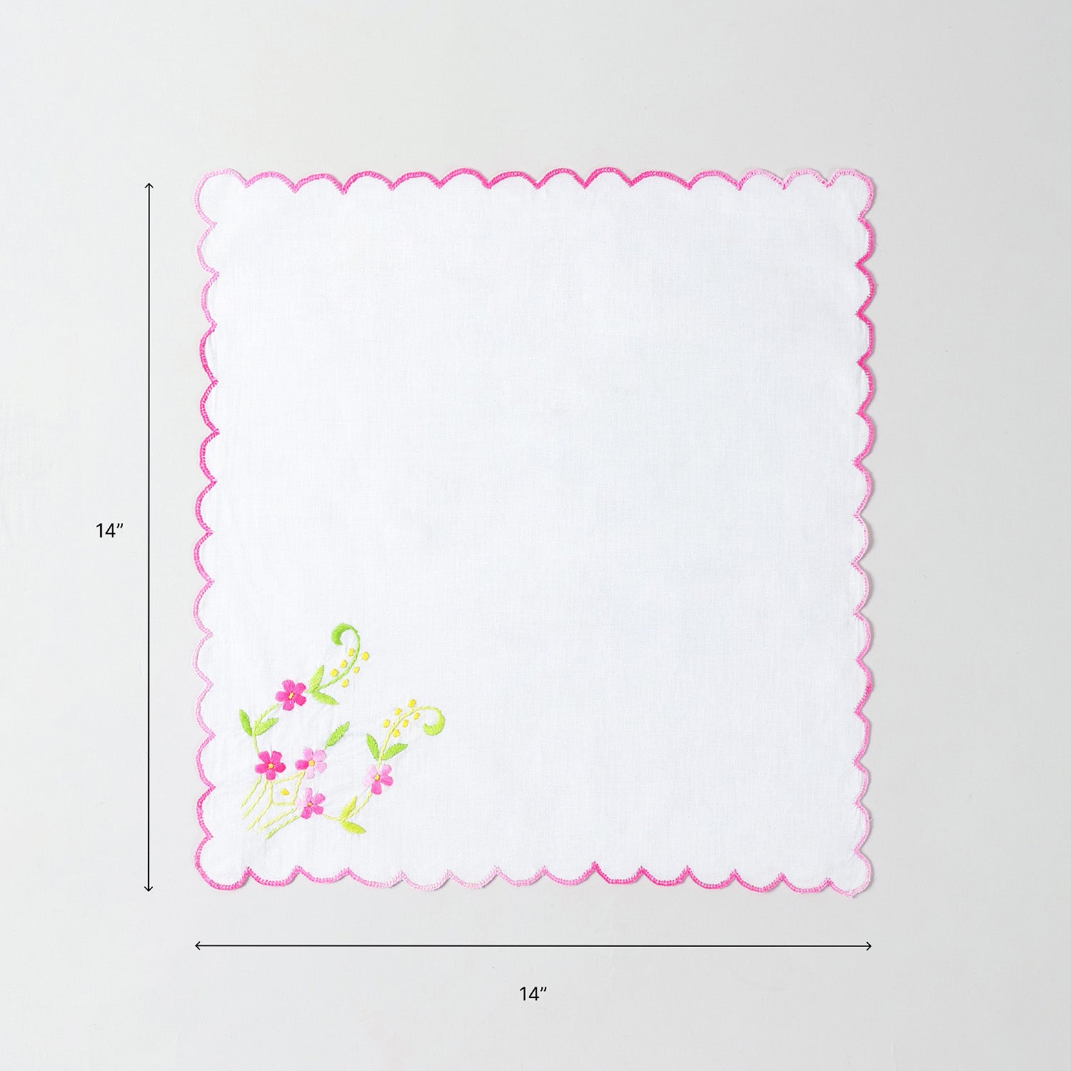 Size chart of embroidered cotton table napkin showing dimensions of 14 x 14 inches
