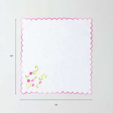 Size chart of embroidered cotton table napkin showing dimensions of 14 x 14 inches