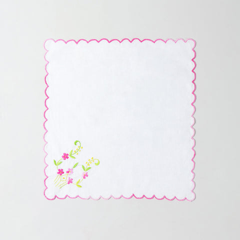 White cotton table napkin with multicolour floral hand embroidery crafted using traditional Bengal chikankari techniques