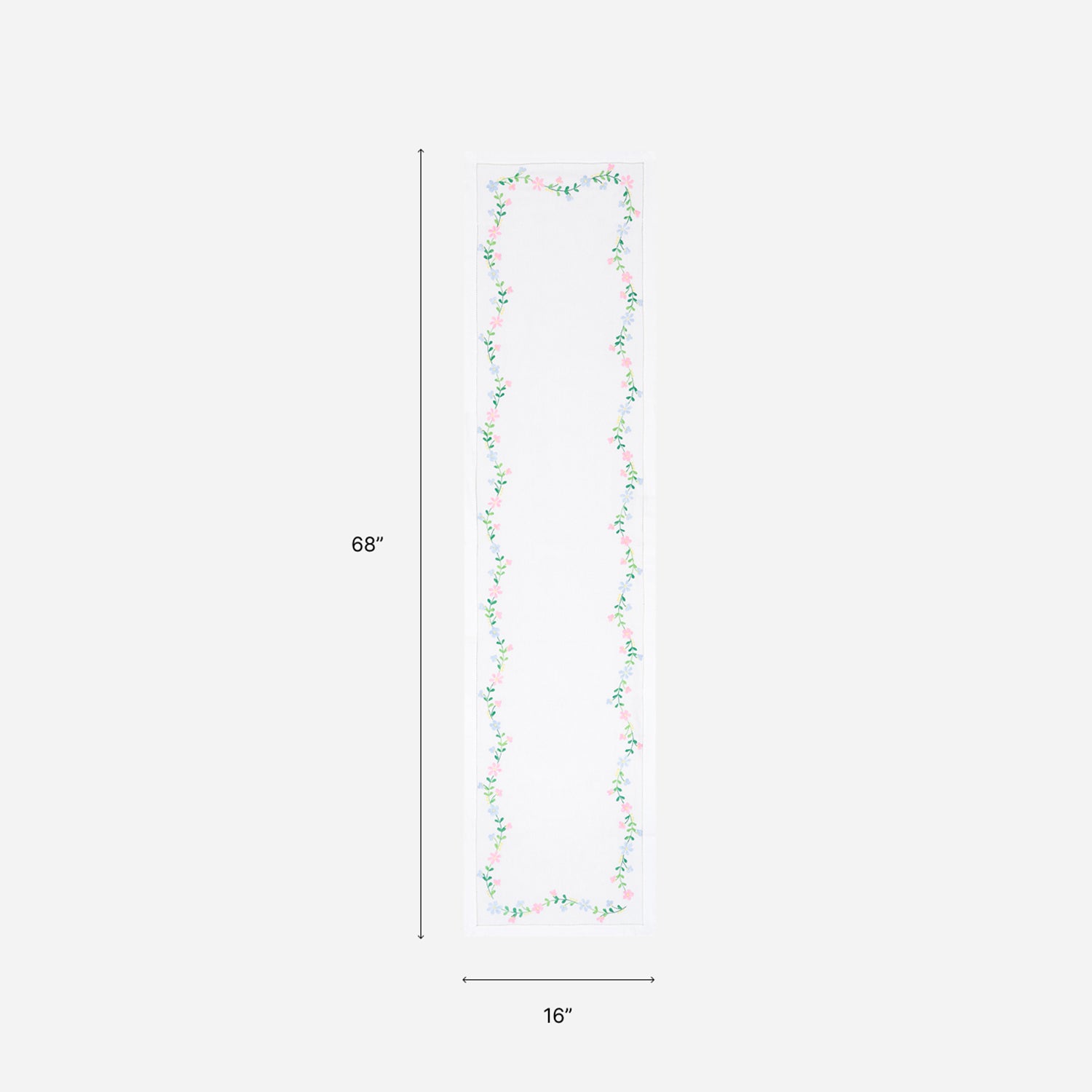 Dimension chart of a Bengal chikankari table runner measuring 68 x 16 inches, suitable for 4 to 6 seater dining tables