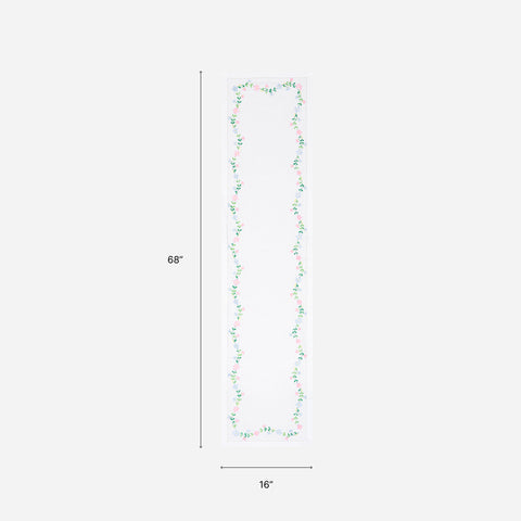 Dimension chart of a Bengal chikankari table runner measuring 68 x 16 inches, suitable for 4 to 6 seater dining tables