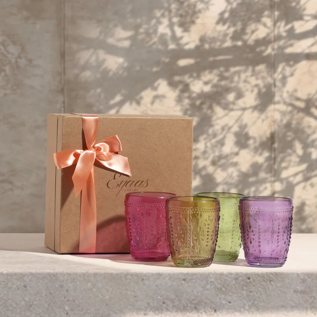 Multi-coloured textured glass tumbler gift set beautifully styled as a festive and housewarming gift