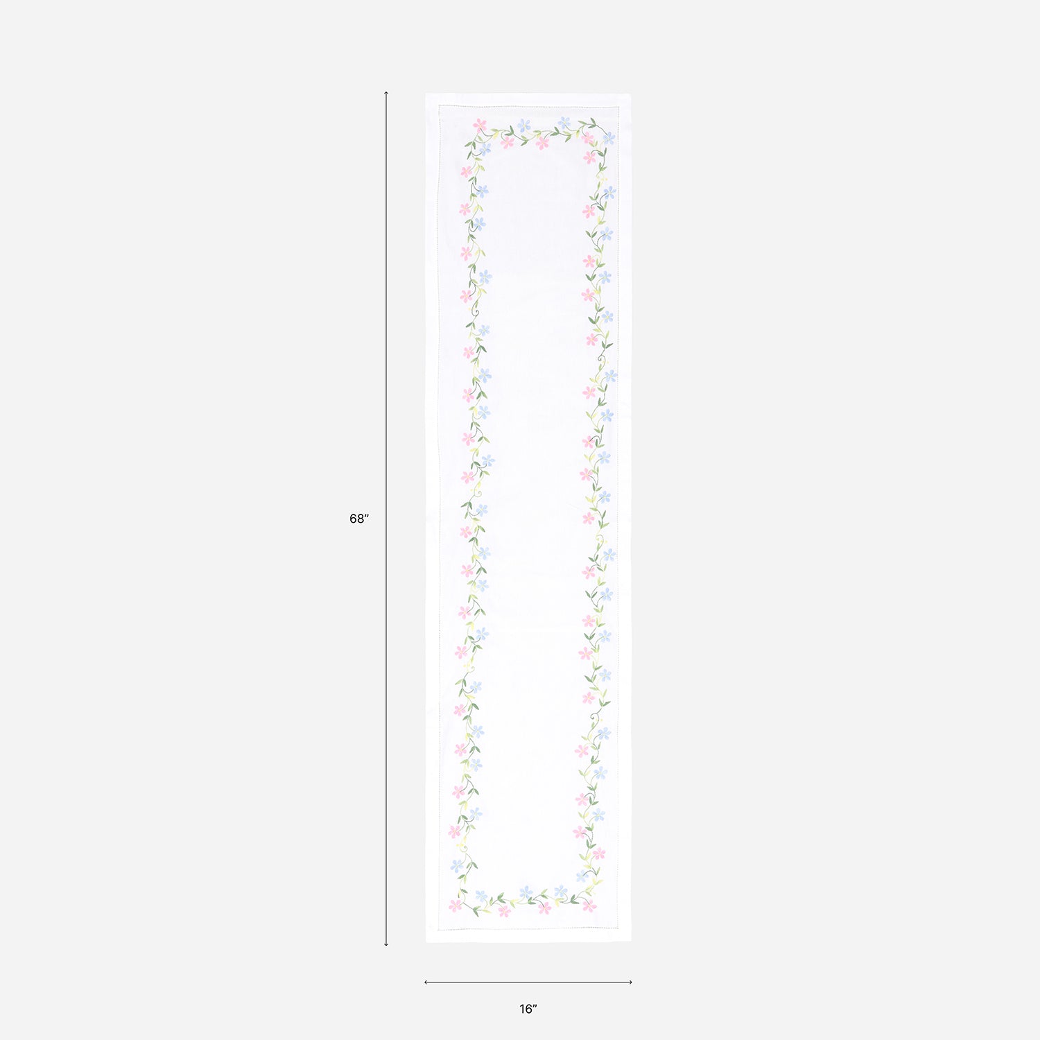 Dimension chart of a Bengal chikankari table runner measuring 68 x 16 inches, suitable for 4 to 6 seater dining tables