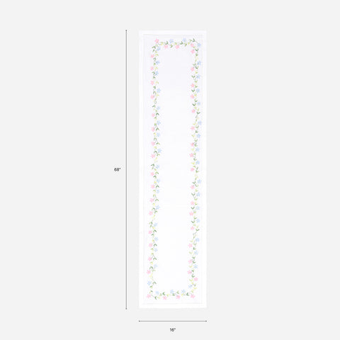 Dimension chart of a Bengal chikankari table runner measuring 68 x 16 inches, suitable for 4 to 6 seater dining tables