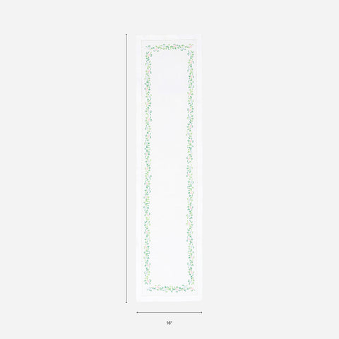 Dimension chart of a Bengal chikankari table runner measuring 68 x 16 inches, suitable for 4 to 6 seater dining tables