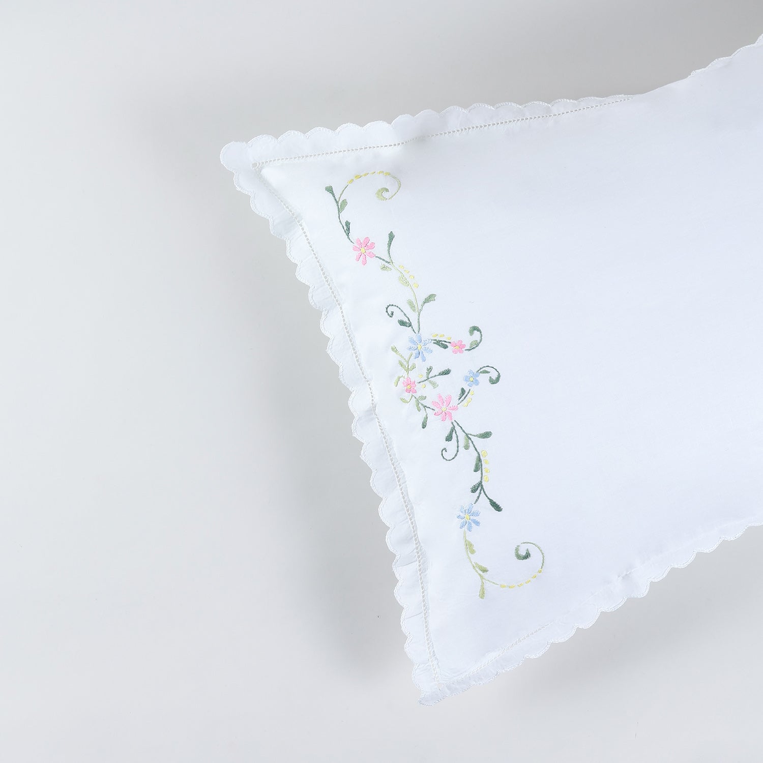 Close-up of delicate floral chikankari embroidery showcasing colourful threadwork on white cotton fabric