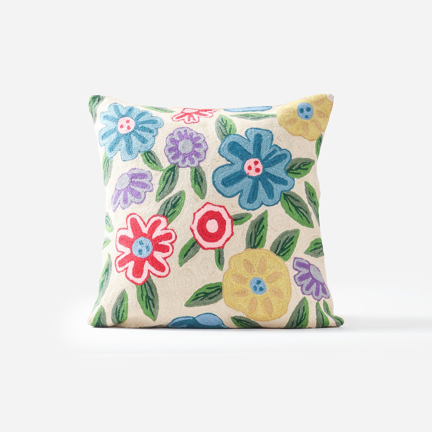Beige wool cushion cover featuring colourful floral embroidery, handcrafted using traditional Kashmiri crewel techniques