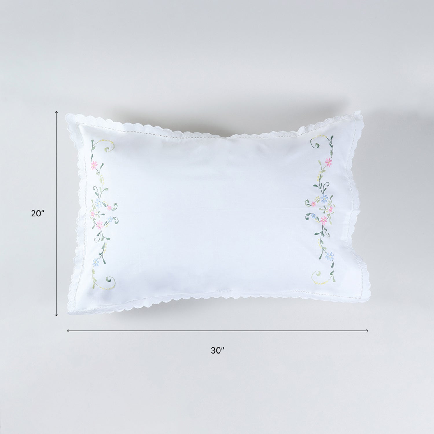 20x30 inch cotton pillow case size guide featuring multicoloured floral embroidery and handcrafted detailing