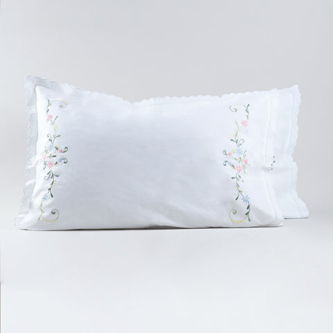 Set of two white cotton pillow cases featuring delicate multicoloured floral Bengal chikankari embroidery