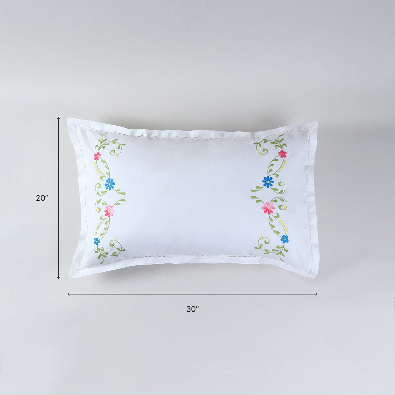 18x27 inch embroidered pillow case size guide with cotton fabric and floral vine design details