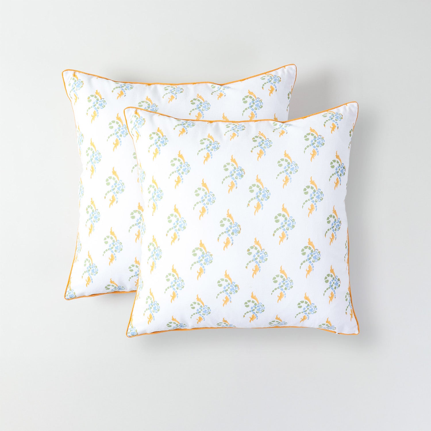 Set of two multicolour block printed cushion covers for coordinated home decor and couch styling