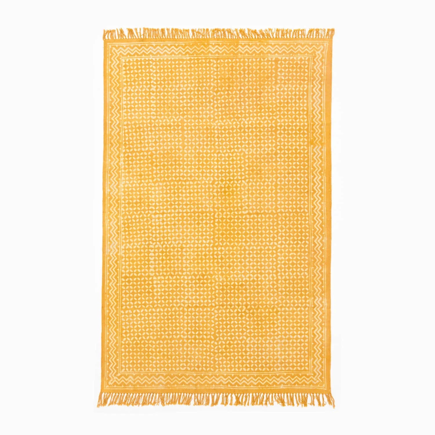 Full-size 6x4 ft cotton dhurrie featuring mustard geometric block print patterns and artisan craftsmanship