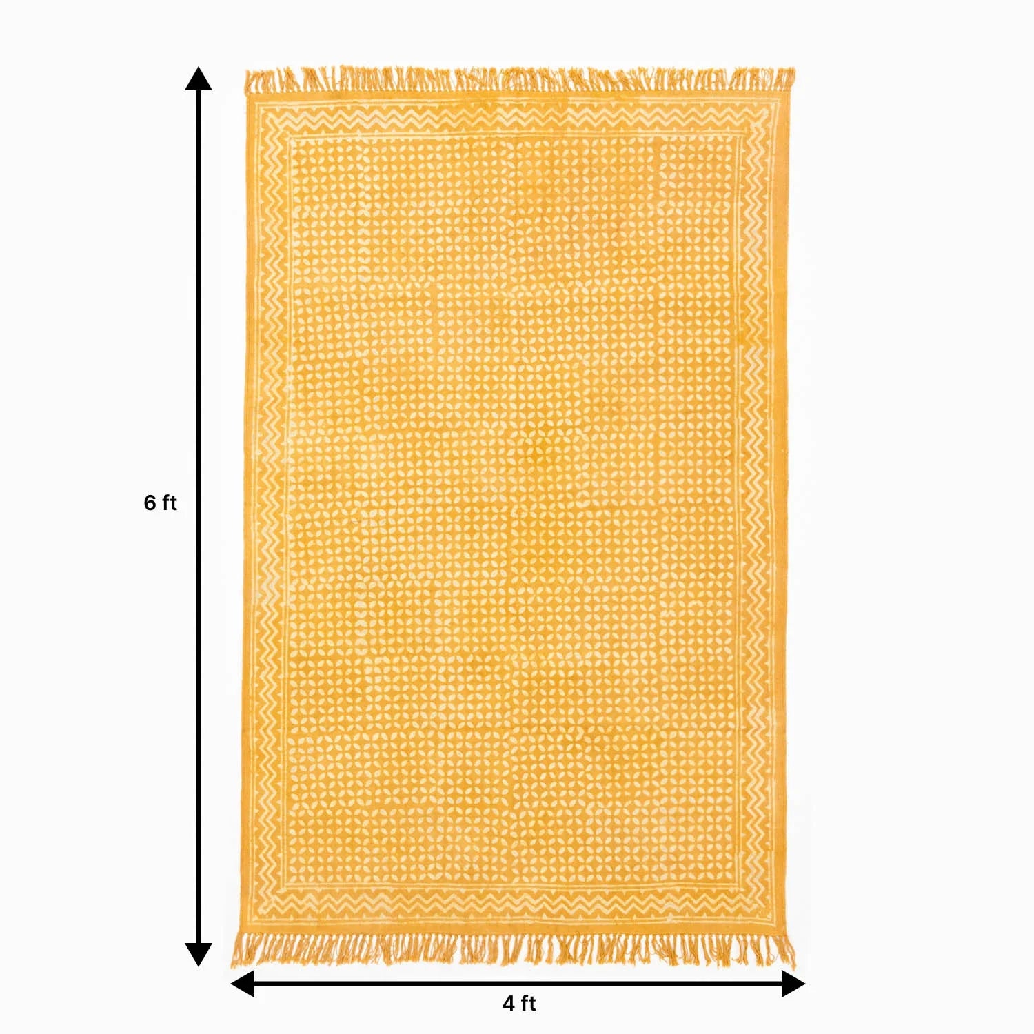6 x 4 ft handloom cotton rug size guide featuring mustard geometric block print design