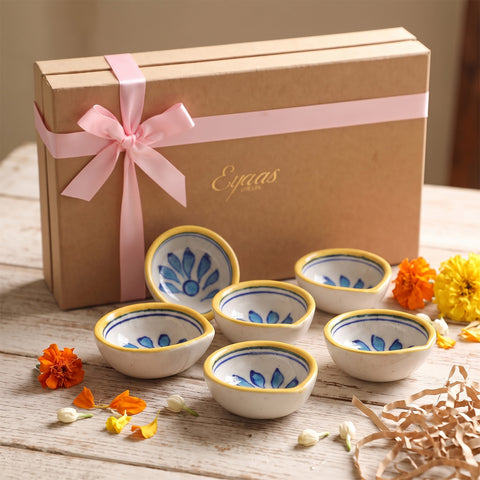 Namaskaram Jaipur Blue Pottery diya set of 6 styled in a festive gifting setting
