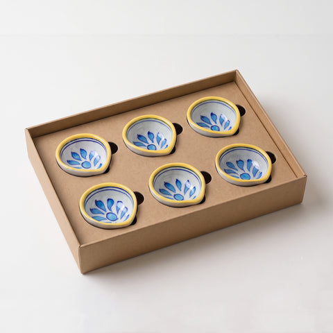 Open gift box showing 6 Jaipur Blue Pottery diyas