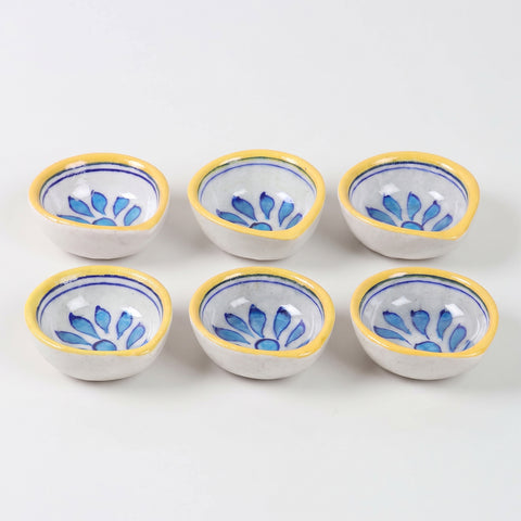 Angular view of 6 handcrafted Jaipur Blue Pottery diyas from the Namaskaram gift set