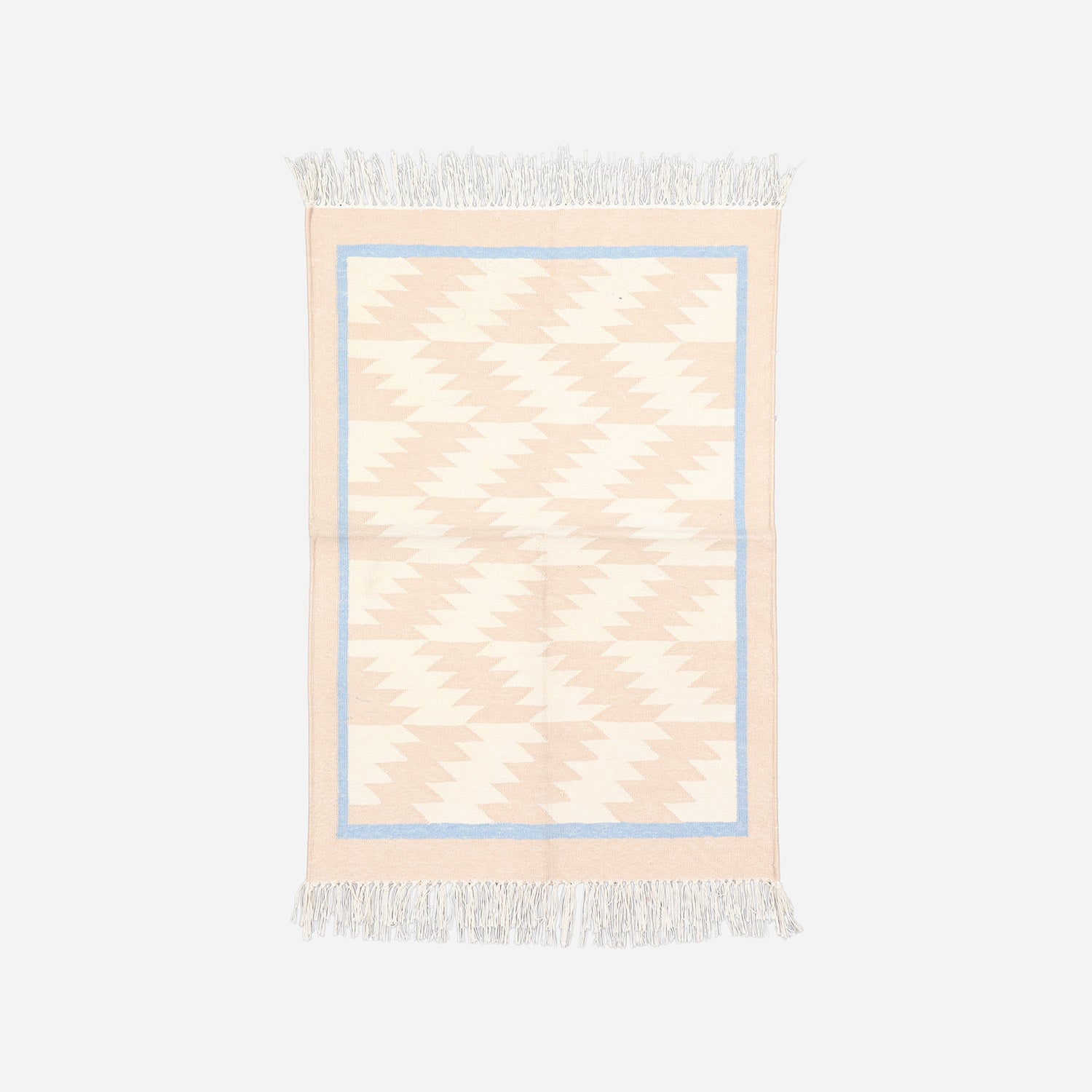Full-size 2x3 ft handwoven cotton rug featuring repeating geometric patterns in off white and beige