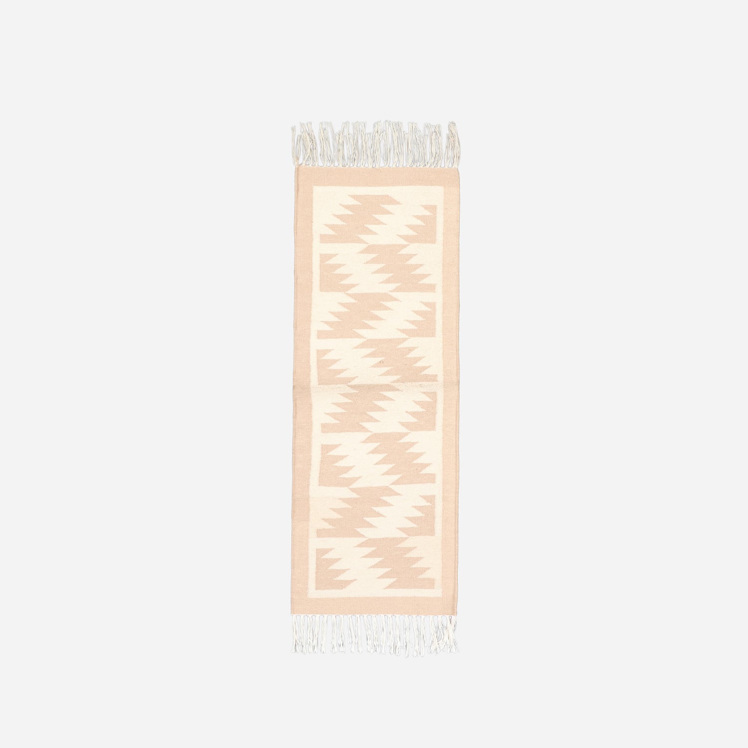 Full-size 1x3 ft cotton floor runner with repeating geometric woven patterns in off-whitee and beige