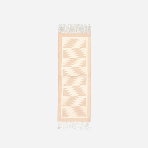 Full-size 1x3 ft cotton floor runner with repeating geometric woven patterns in off-whitee and beige