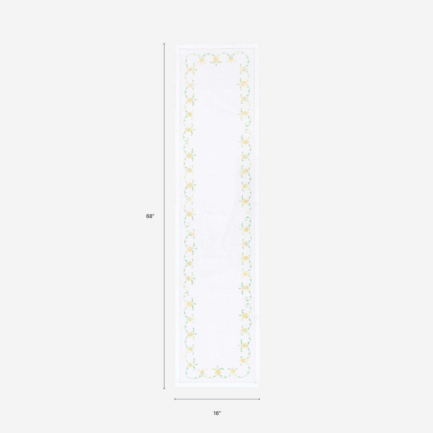Dimension chart of a Bengal chikankari table runner measuring 68 x 16 inches, suitable for 4 to 6-seater dining tables