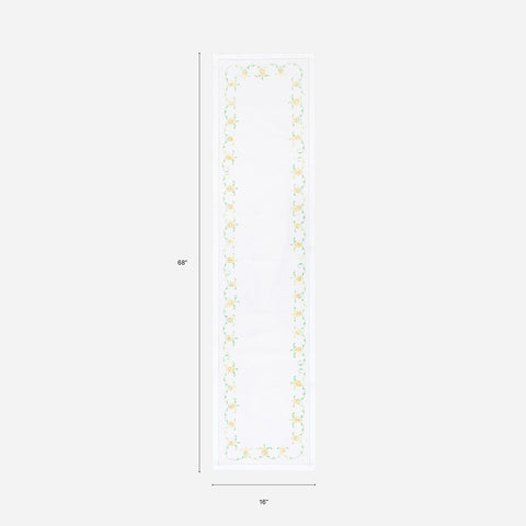 Dimension chart of a Bengal chikankari table runner measuring 68 x 16 inches, suitable for 4 to 6-seater dining tables