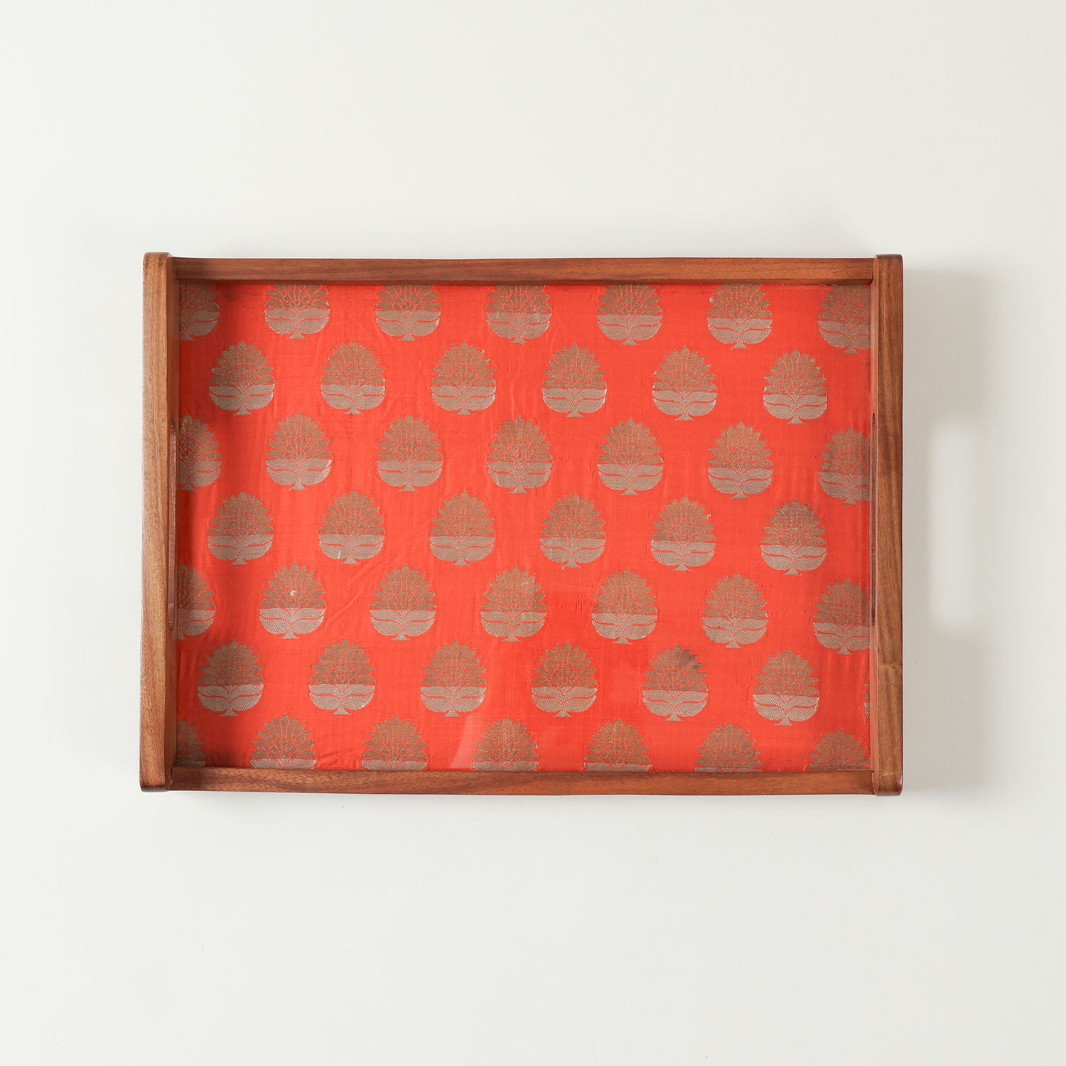 14x10 inch wooden serving tray with glass top, featuring orange fabric base with golden paisley design on sheesham wood frame