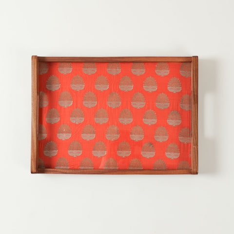 14x10 inch wooden serving tray with glass top, featuring orange fabric base with golden paisley design on sheesham wood frame