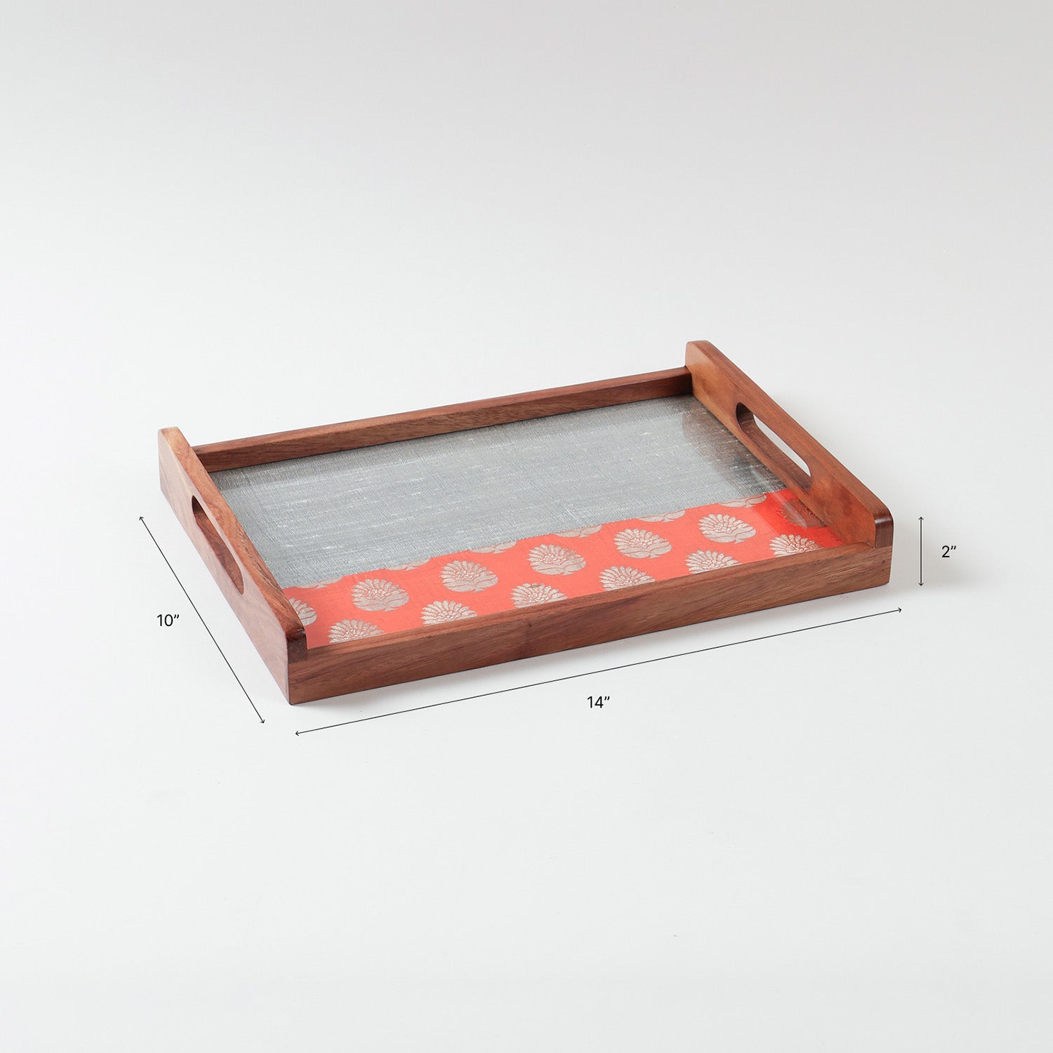 Size chart of rectangular wooden serving tray showing dimensions of 14 inches by 10 inches by 2 inches