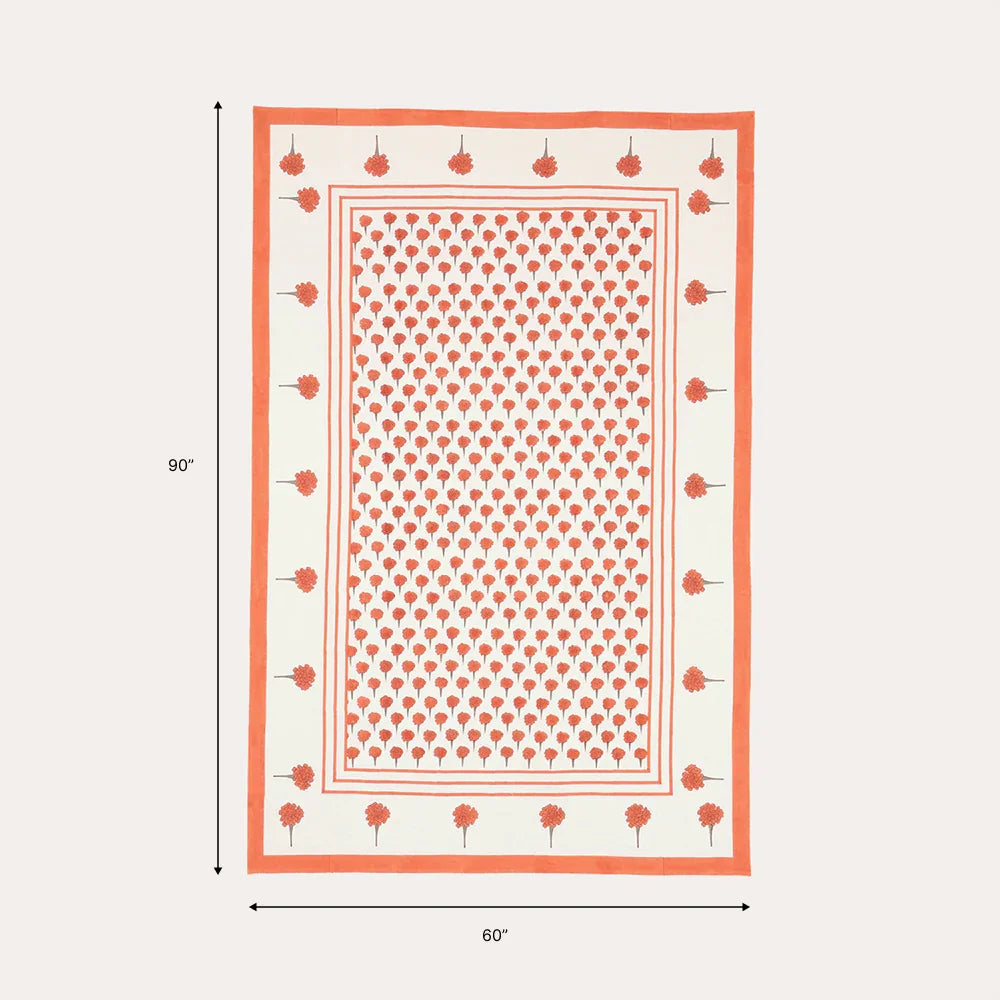 60 x 90 inch cotton table cloth size guide featuring orange marigold buti hand block printed motifs