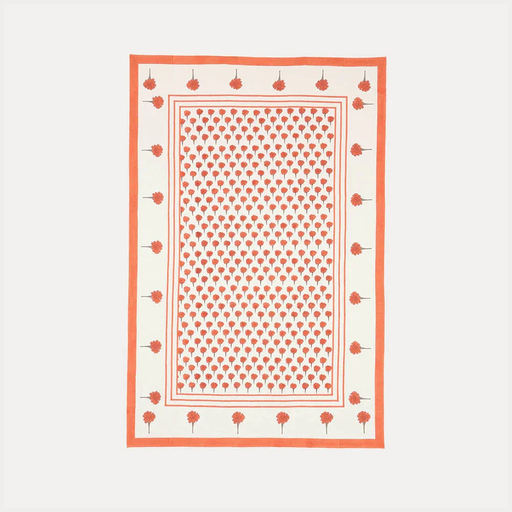 Full-size cotton table cloth with orange marigold buti block print design for 6 to 8 seater dining tables