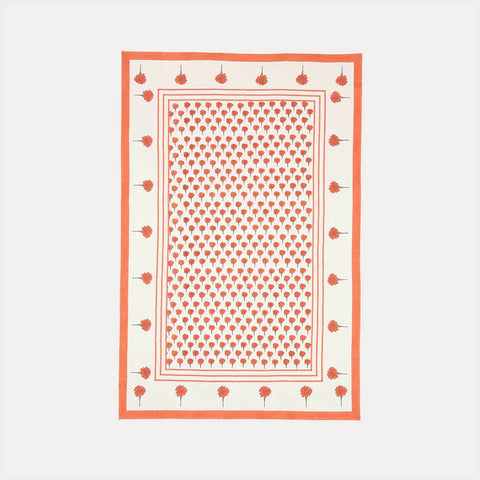 Full-size cotton table cloth with orange marigold buti block print design for 6 to 8 seater dining tables