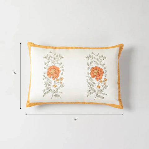 12 x 18 inch lumbar cushion cover size guide featuring orange marigold block printed design