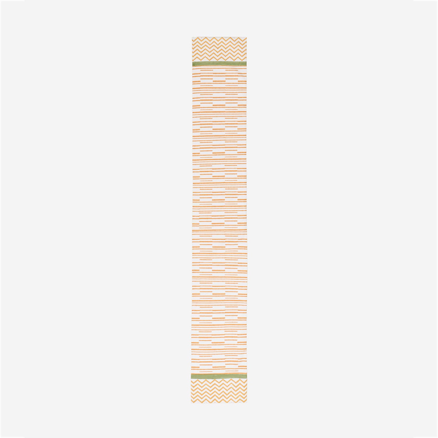 Full length table runner with orange stripe pattern green borders and handcrafted block printed detailing