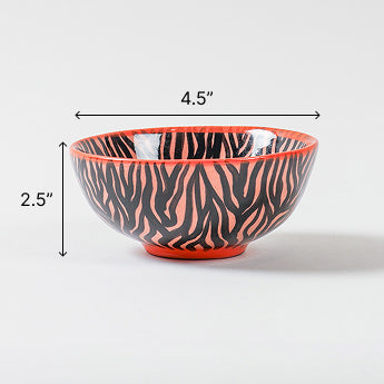 Size chart of Orange Zebra Pattern ceramic bowls showing dimensions of 4.5 inches diameter and 2.5 inches height for each small serving bowl