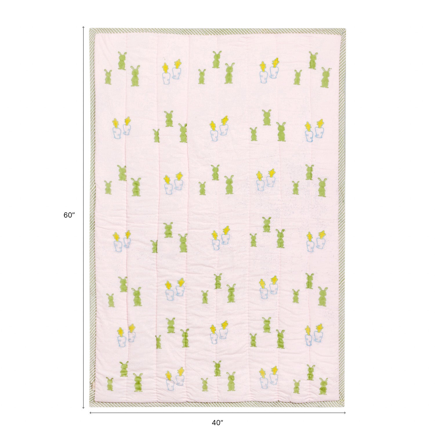 Size chart of Pastel Bunny with Carrot block print quilt showing dimensions of 60 inches x 40 inches