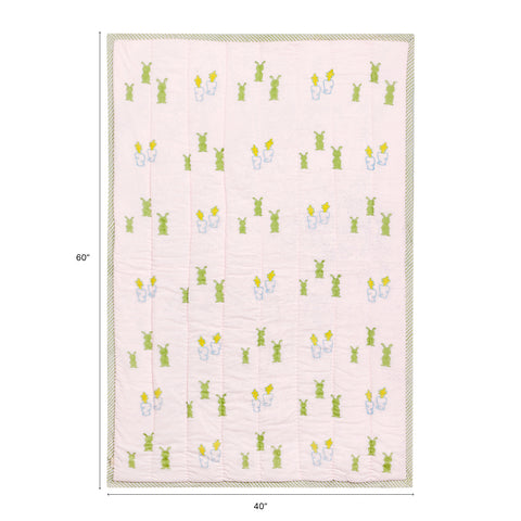 Size chart of Pastel Bunny with Carrot block print quilt showing dimensions of 60 inches x 40 inches