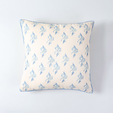 Premium cotton linen cushion cover featuring traditional block printed swirl design in peach and blue 