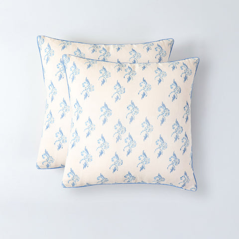 Pack of two peach and blue block printed cushion covers for coordinated home decor accents
