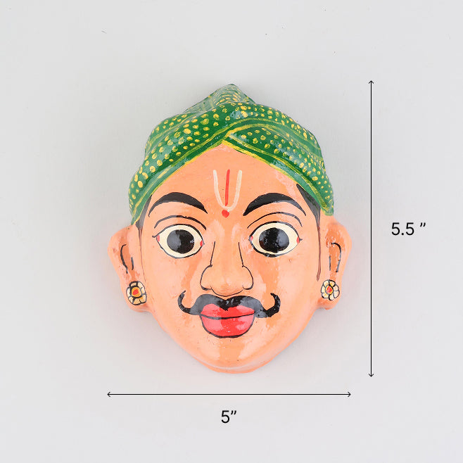Size chart of handcrafted peach Cheriyal couple mask set showing dimensions of 5.5 x 5 x 2.5 inches per mask