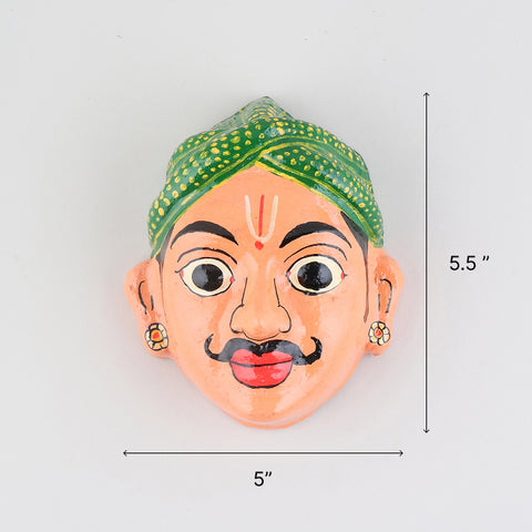Size chart of handcrafted peach Cheriyal couple mask set showing dimensions of 5.5 x 5 x 2.5 inches per mask