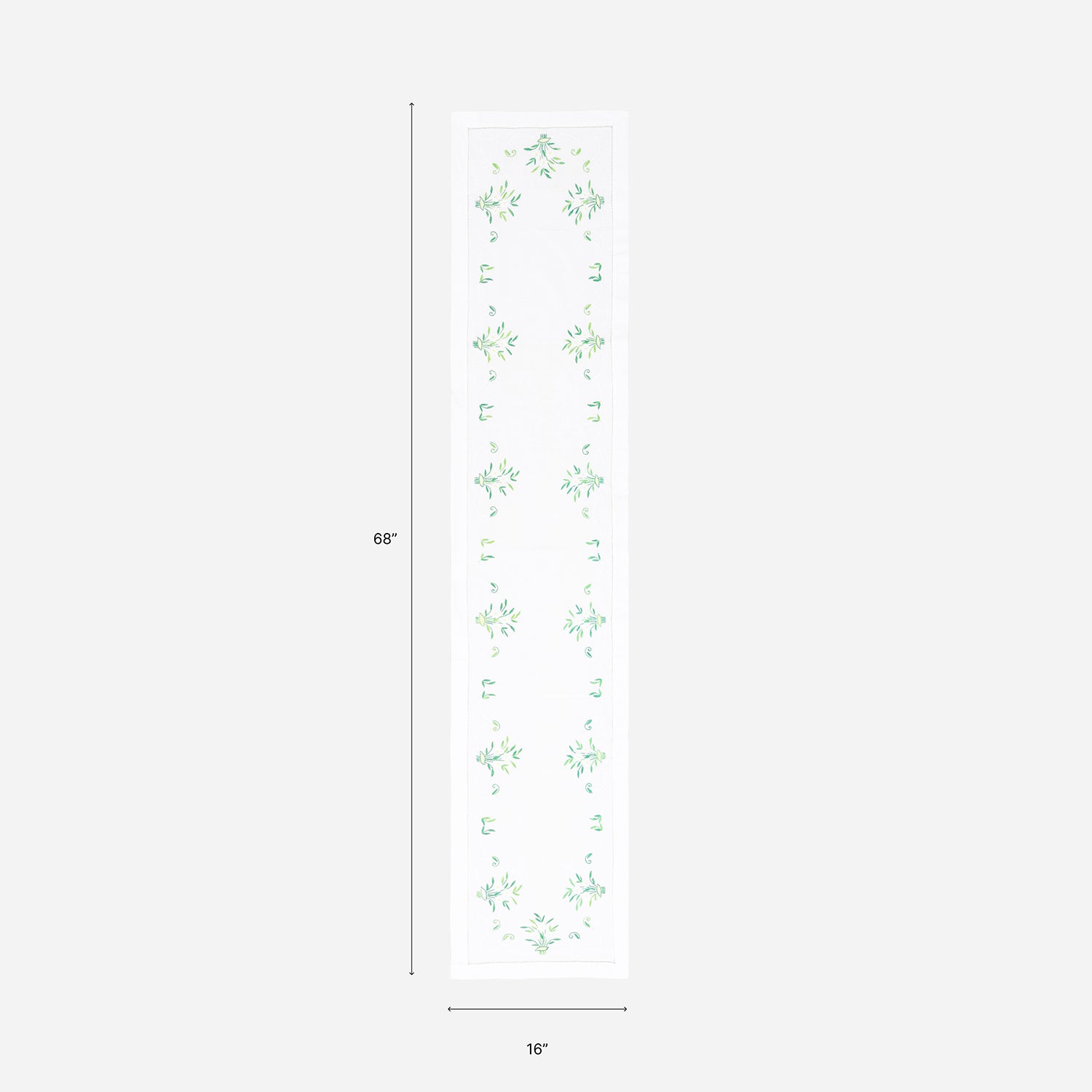 Dimension chart of a Bengal chikankari table runner measuring 68 x 16 inches, suitable for 4 to 6 seater dining tables